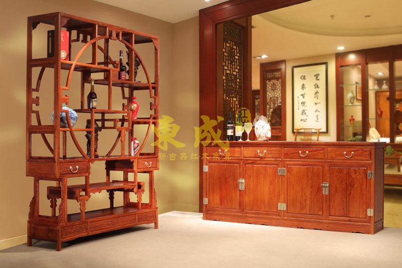 东成红木团圆博古架+素面餐边柜